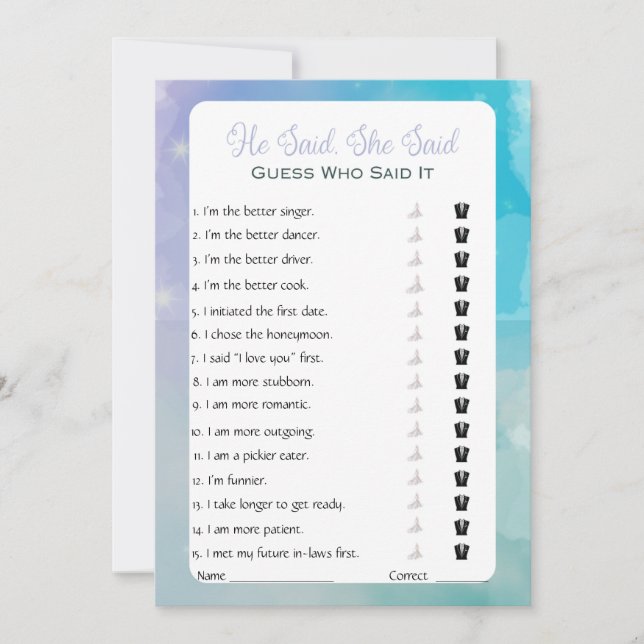 Invitation Il A Dit Qu'Elle A Dit Fête des mariées Game (Devant)