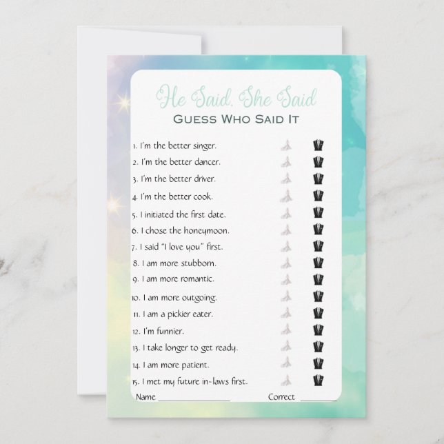 Invitation Il A Dit Qu'Elle A Dit Fête des mariées Game (Devant)