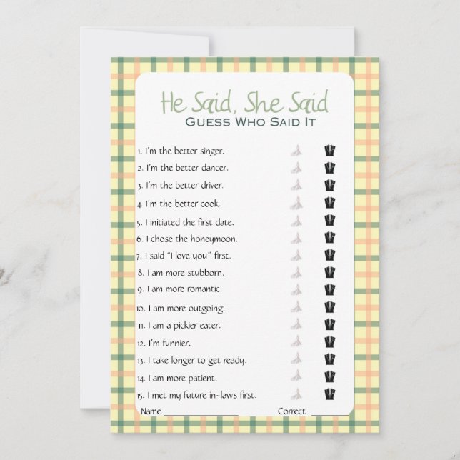 Invitation Il A Dit Qu'Elle A Dit Fête des mariées Game (Devant)