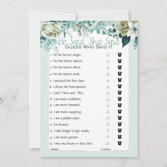 Invitation Il A Dit Qu'Elle A Dit Fête des mariées Game (Devant)