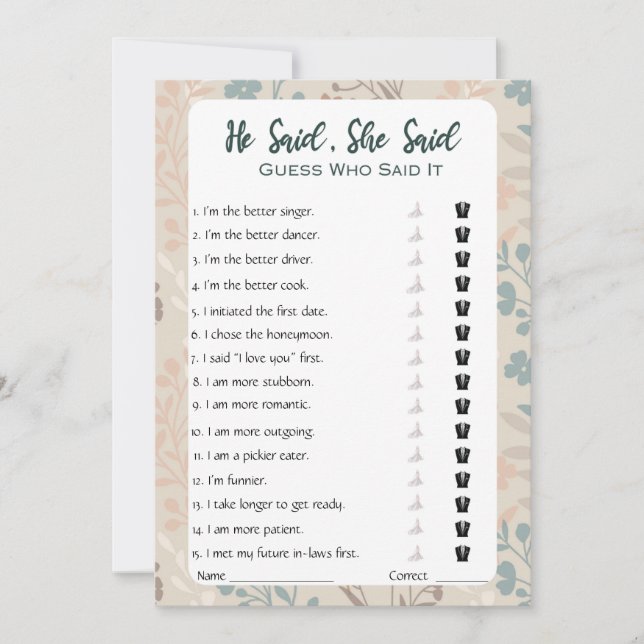 Invitation Il A Dit Qu'Elle A Dit Fête des mariées Game (Devant)