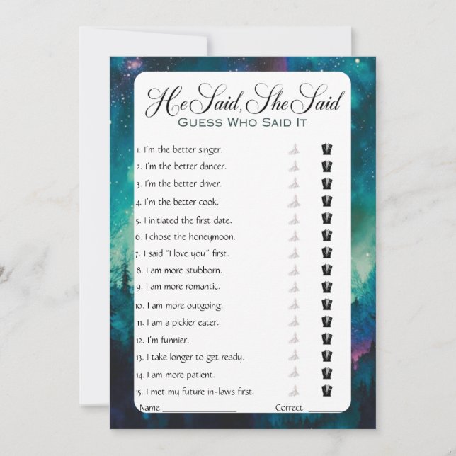 Invitation Il A Dit Qu'Elle A Dit Fête des mariées Game (Devant)