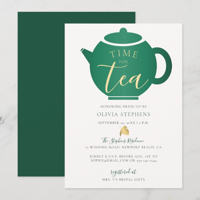 Invitation Il est temps de Tea Elegant Emerald Fête des marié (Devant / Derrière)