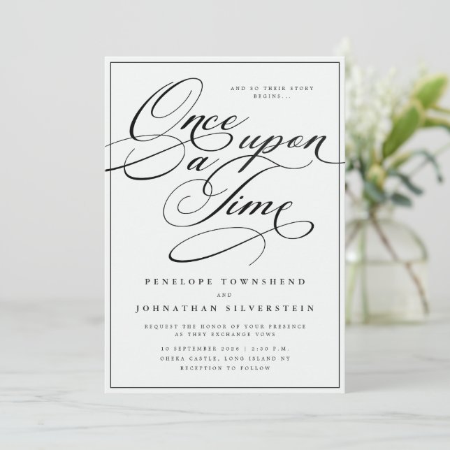 Invitation Il était une fois Calligraphie Mariage Noir Blanc (Debout devant)