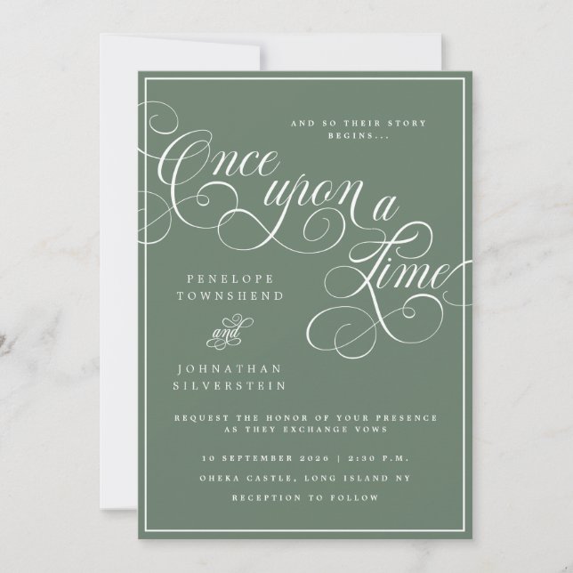 Invitation Il était une fois Flourish Script Mariage Vert (Devant)