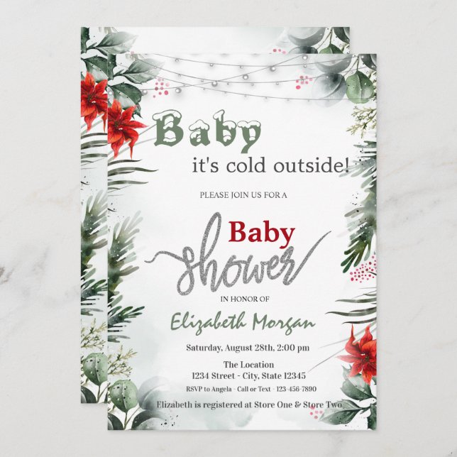 Invitation Il fait froid à l'extérieur Poinsettia Branches Ba (Devant / Derrière)