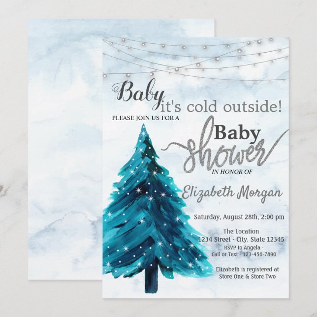 Invitation Il fait froid dehors Baby shower d'hiver Pine Tree (Devant / Derrière)