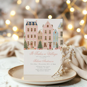 Invitation Il faut tout un village Baby Shower Rose Hiver Fil