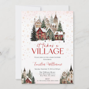 Invitation Il faut un baby shower de Noël de village