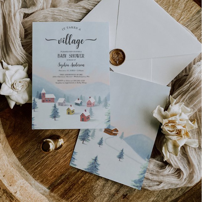 Invitation Il Faut Un Baby shower Village D'Hiver (it takes a village baby shower)