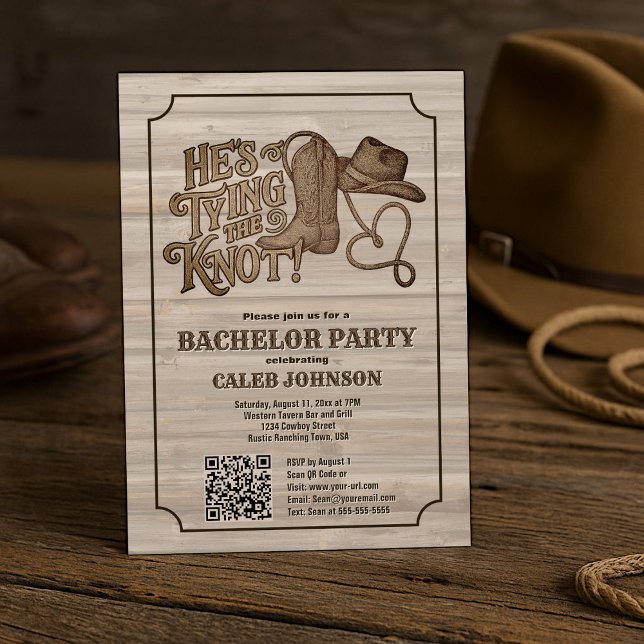 Invitation Il lie le Knot Cowboy Bachelor Party QR Code (Créateur téléchargé)