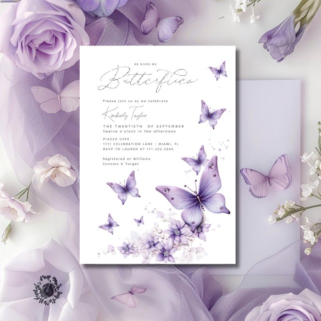 Invitation Il Me Donne De La Fête des mariées De Papillons Vi (He Gives Me Purple Butterflies Bridal Shower Invitation)
