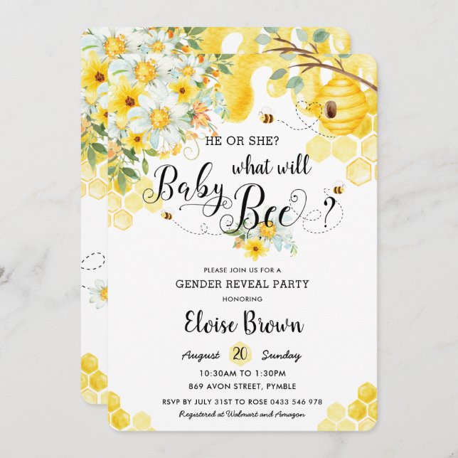 Invitation Il ou elle abeilles Jaune Floral Genre Revevela Pa (Devant / Derrière)