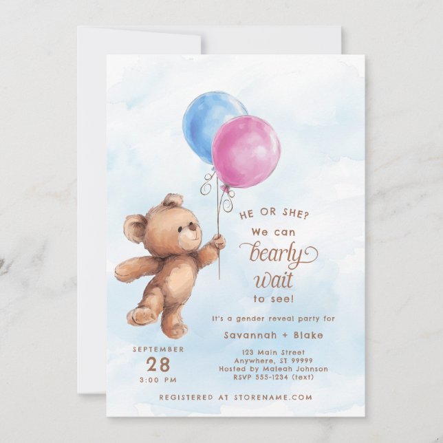 Invitation Il ou elle attend bébé Teddy Ours Genre Reved (Devant)