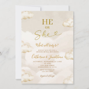 Invitation Il ou Elle Boho Beige Nuages Or Révélation du Sexe