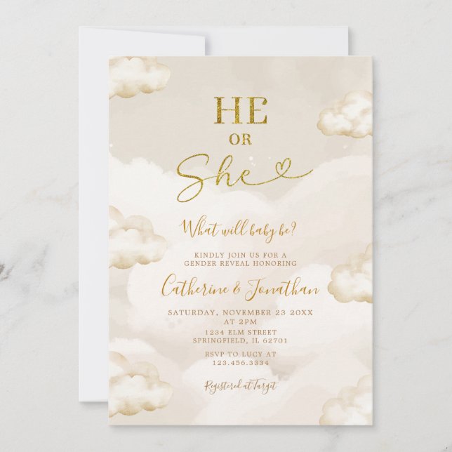 Invitation Il ou Elle Boho Beige Nuages Or Révélation du Sexe (Devant)