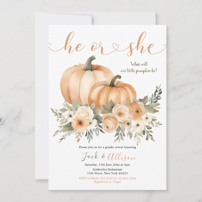 Invitation Il ou elle Rustic Fall Orange Citrouille Genre Rev (Devant)