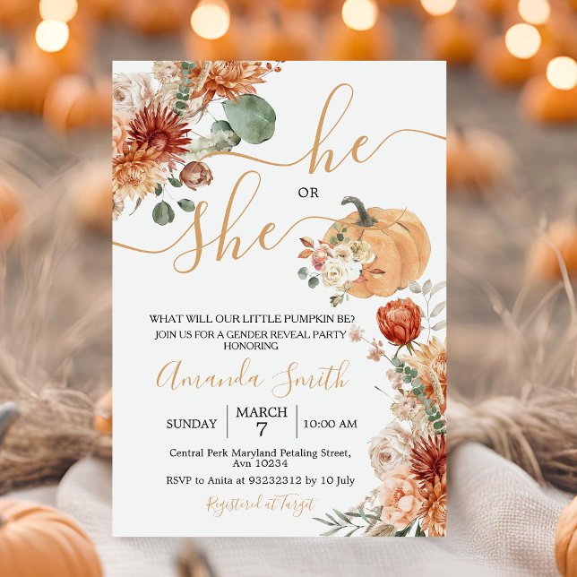 Invitation Il ou elle Rustic Floral Fall Genre Revevela Party (Créateur téléchargé)
