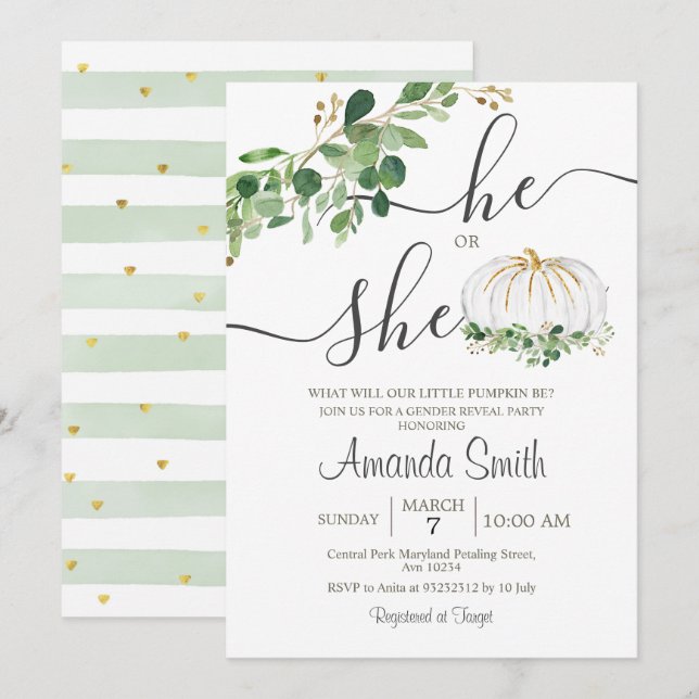 Invitation Il ou elle White Citrouille Genre Revela (Devant / Derrière)