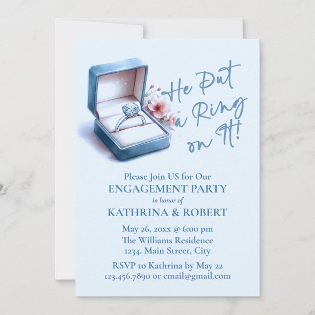 Invitation Il Y A Mis Une Bague ! Blue Engagement Party (Devant)