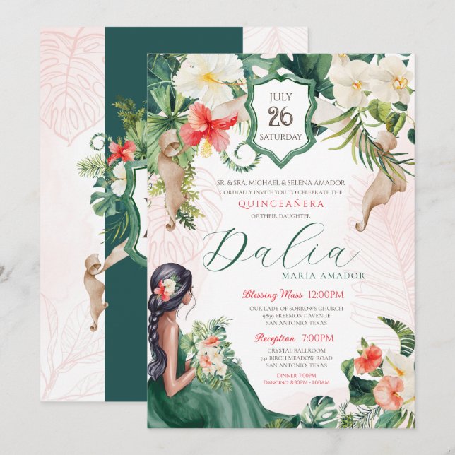 Invitation Île tropicale Emerald Green Floral Quinceañera (Devant / Derrière)