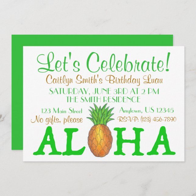 Invitation Île tropicale Luau Pineapple Hawaii Aloha Party (Devant / Derrière)