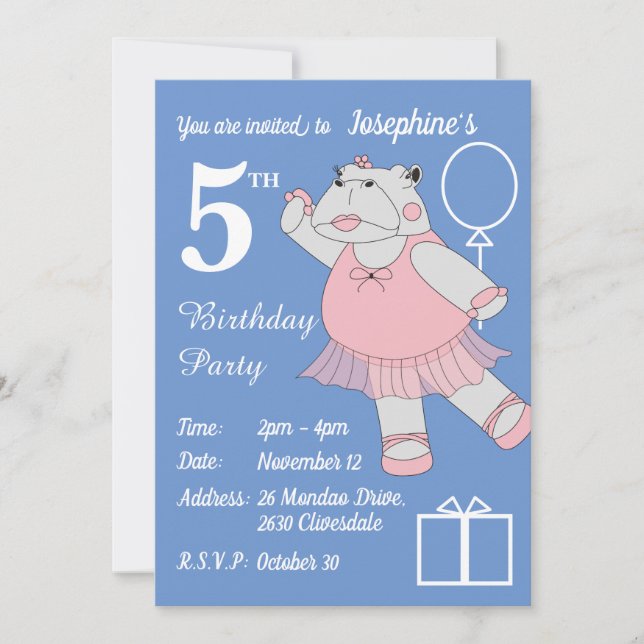 Invitation illusima Ballerina Hippo Blue Anniversaire (Devant)