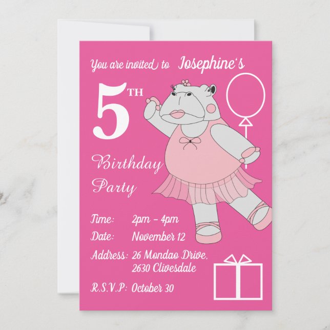 Invitation illusima Ballerina Hippo rose fête d'anniversaire (Devant)