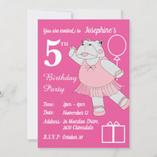 Invitation illusima Ballerina Hippo rose fête d'anniversaire