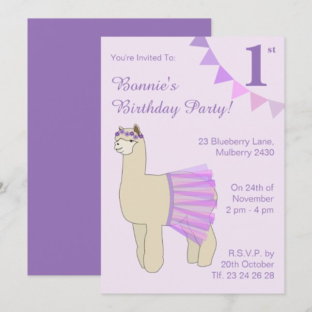 Invitation illusima Ballerina Llama Purple Flags Anniversaire (Devant / Derrière)
