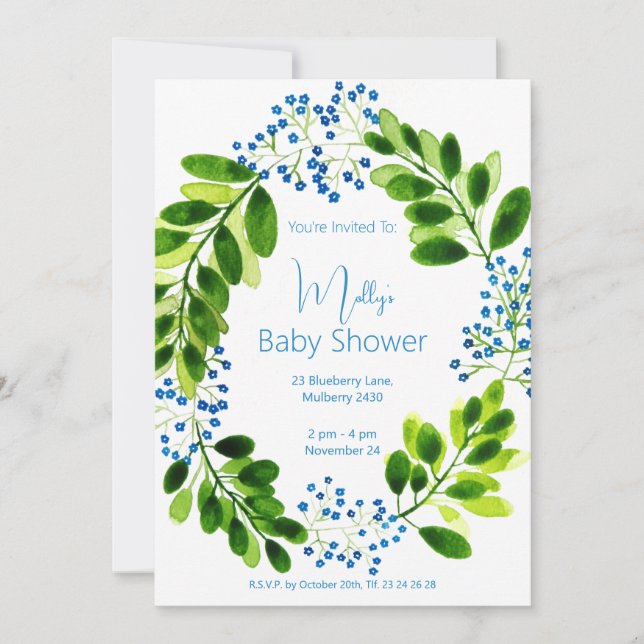 Invitation illusima Blue Floral Baby shower de couronne (Devant)