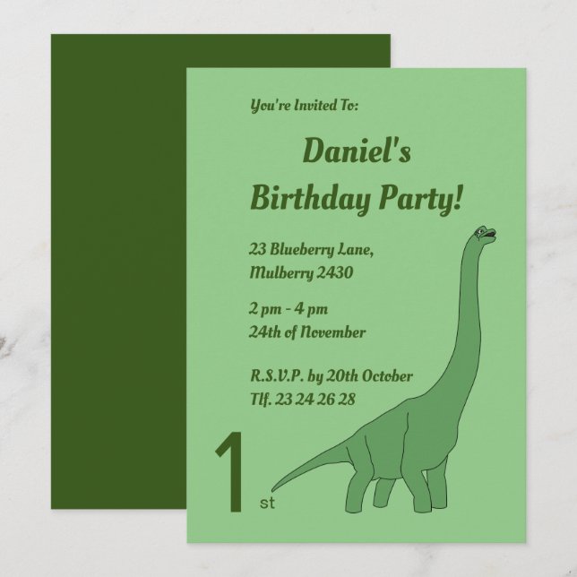 Invitation illusima Dinosaur Vert à Long Cou Garçons Annivers (Devant / Derrière)