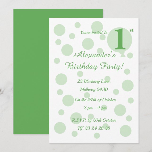 Invitation illusima Green Spots and Dots Boys 1er anniversair (Devant / Derrière)