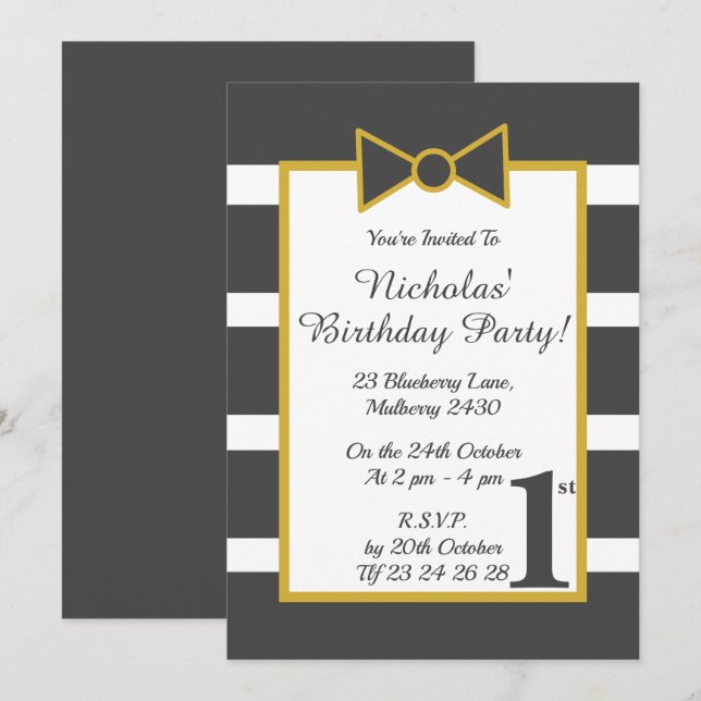Invitation illusima Gris Gold Stripy Boys Bow fête d'annivers (Devant / Derrière)