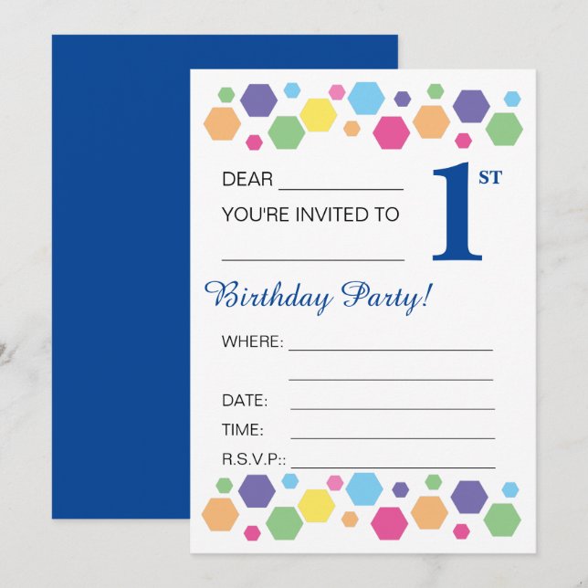 Invitation illusima Hexigons, Bleu foncé, 1er anniversaire (Devant / Derrière)