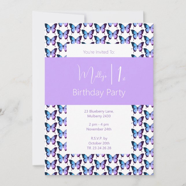 Invitation illusima Papillon Motif pourpre 1er anniversaire (Devant)