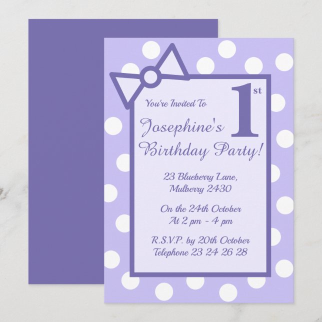 Invitation illusima Purple Bow & Spots Filles fête d'annivers (Devant / Derrière)