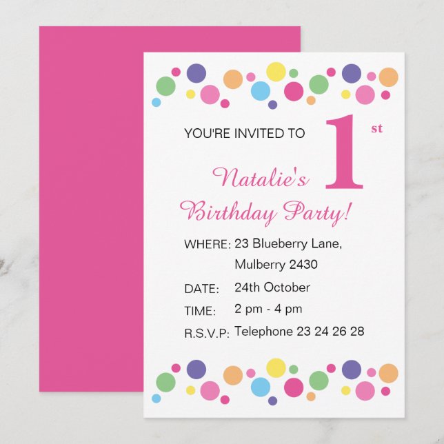 Invitation illusima Rainbow Dots filles rose Anniversaire Inv (Devant / Derrière)