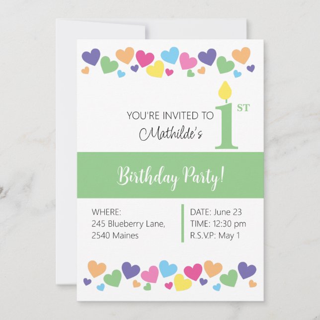 Invitation illusima Rainbow Love Hearts, Vert 1er anniversair (Devant)