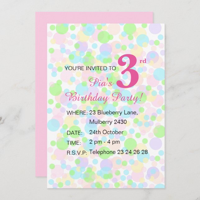 Invitation illusima Rainbow Pastel Dots Girls Rose Anniversai (Devant / Derrière)