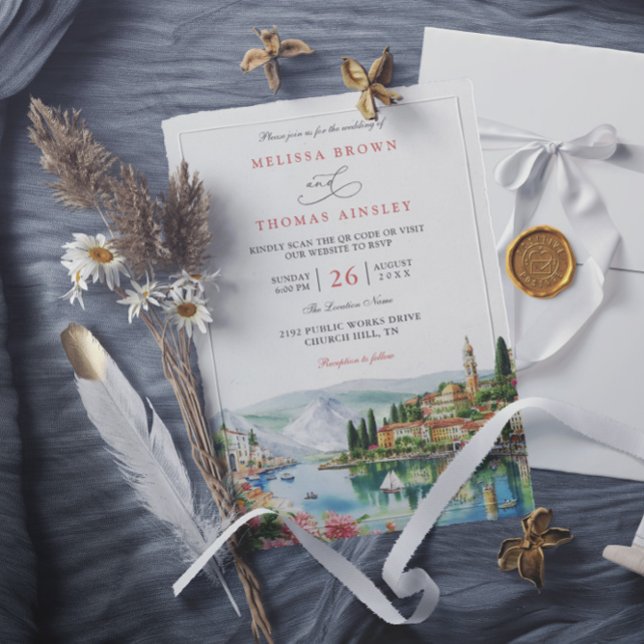 Invitation Illustrated Lake Como Italy Modern QR Code Wedding (Créateur téléchargé)