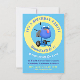 Invitation Illustration amusante du mélangeur de ciment bleu