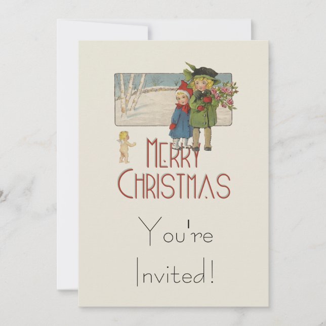 Invitation Illustration Antique Enfants Noël 1920 (Devant)