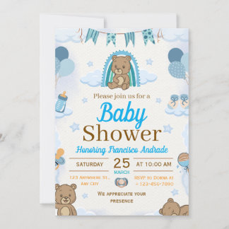 Invitation illustration aquarelle bébé bleu et marron shower