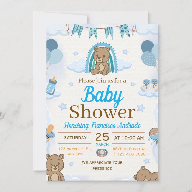 Invitation illustration aquarelle bébé bleu et marron shower (Devant)