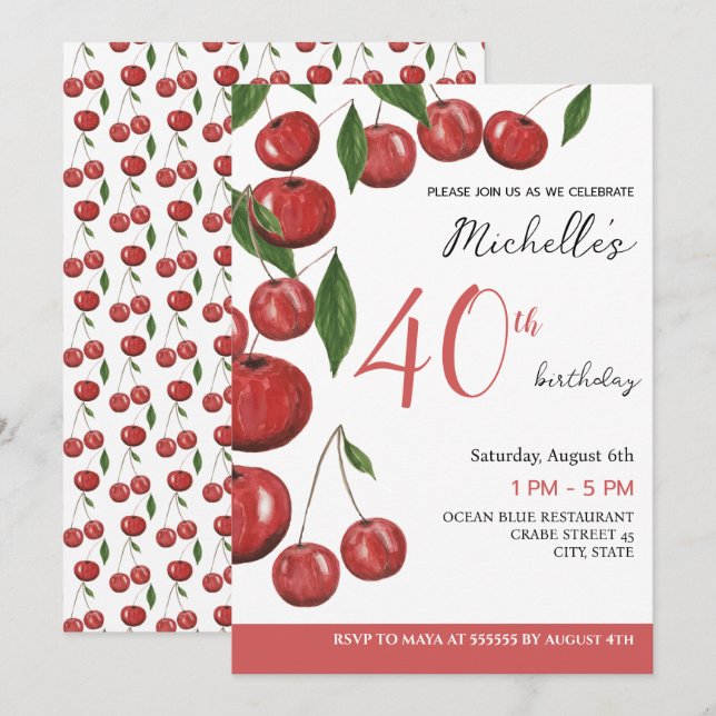 Invitation Illustration aquarelle de cerises douces pour anni (Devant / Derrière)