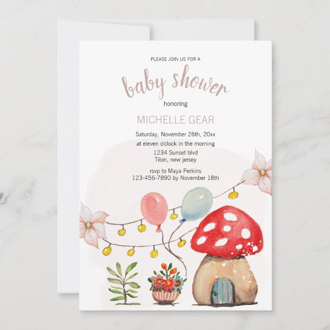Invitation Illustration aquarelle de petit champignon mignon (Devant)