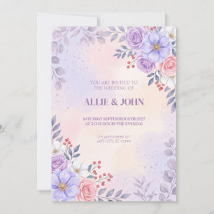 Invitation Illustration aquarelle de rose lavande et de perve