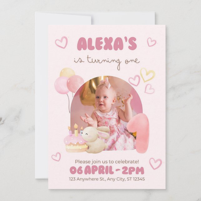 Invitation Illustration aquarelle rose pour un joyeux premier (Devant)
