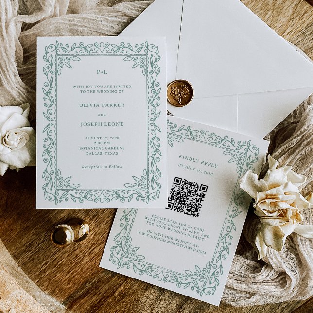 Invitation Illustration botanique | Code QR vert sauge Mariag (Créateur téléchargé)